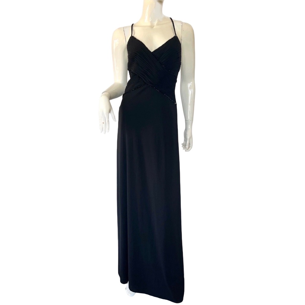 JS Boutique Y2K Black Beaded Pleated V-Neck Formal Evening Gown Wimsy Dress 6